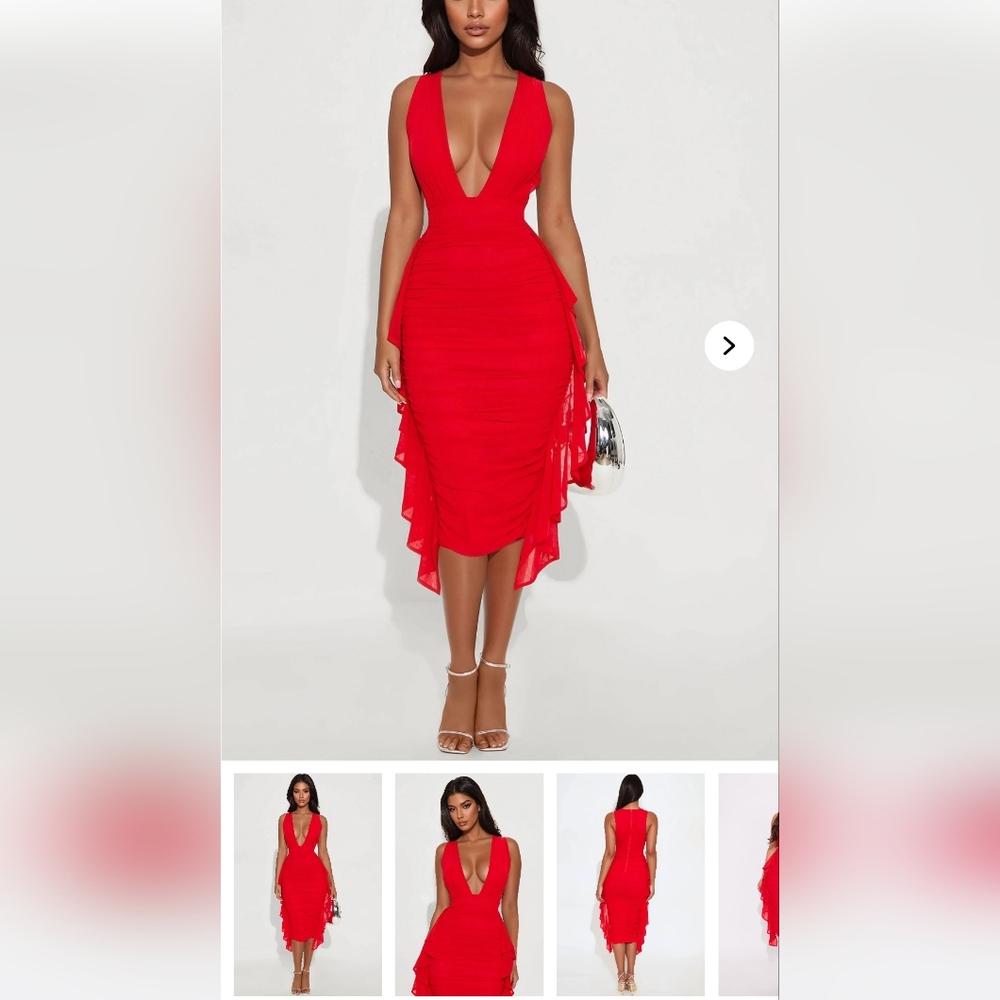 Elegant Red Ruched Mid Length Dress